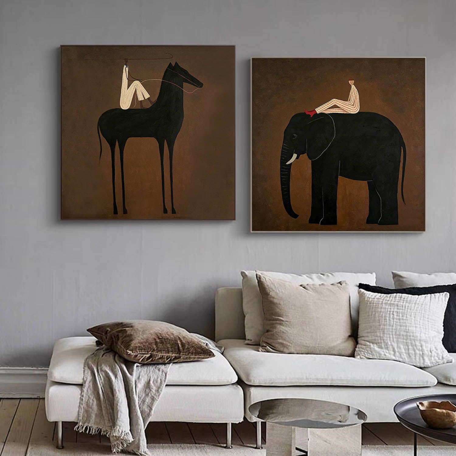 Set of 2 Original Hand-Painted Contemporary Wall Decor Modern Horse & Elephant Set Painting
