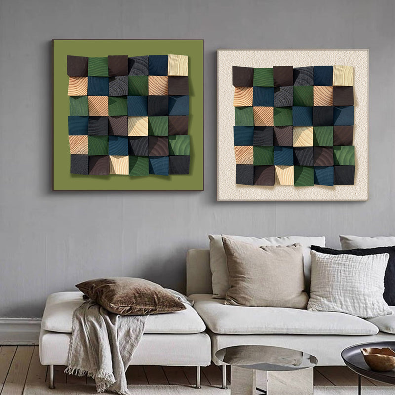 Set of 2 Green wood Textured Art Colorful Set of 2 Wood decor painting