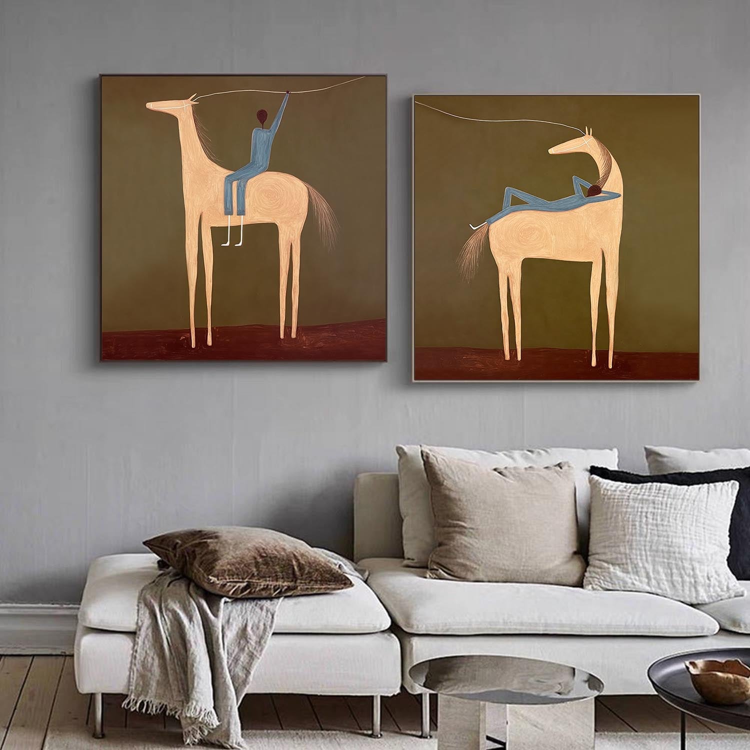 Earthy Tones Hand-Painted Canvas Art - Abstract Equestrian Silhouette for Modern Living Room