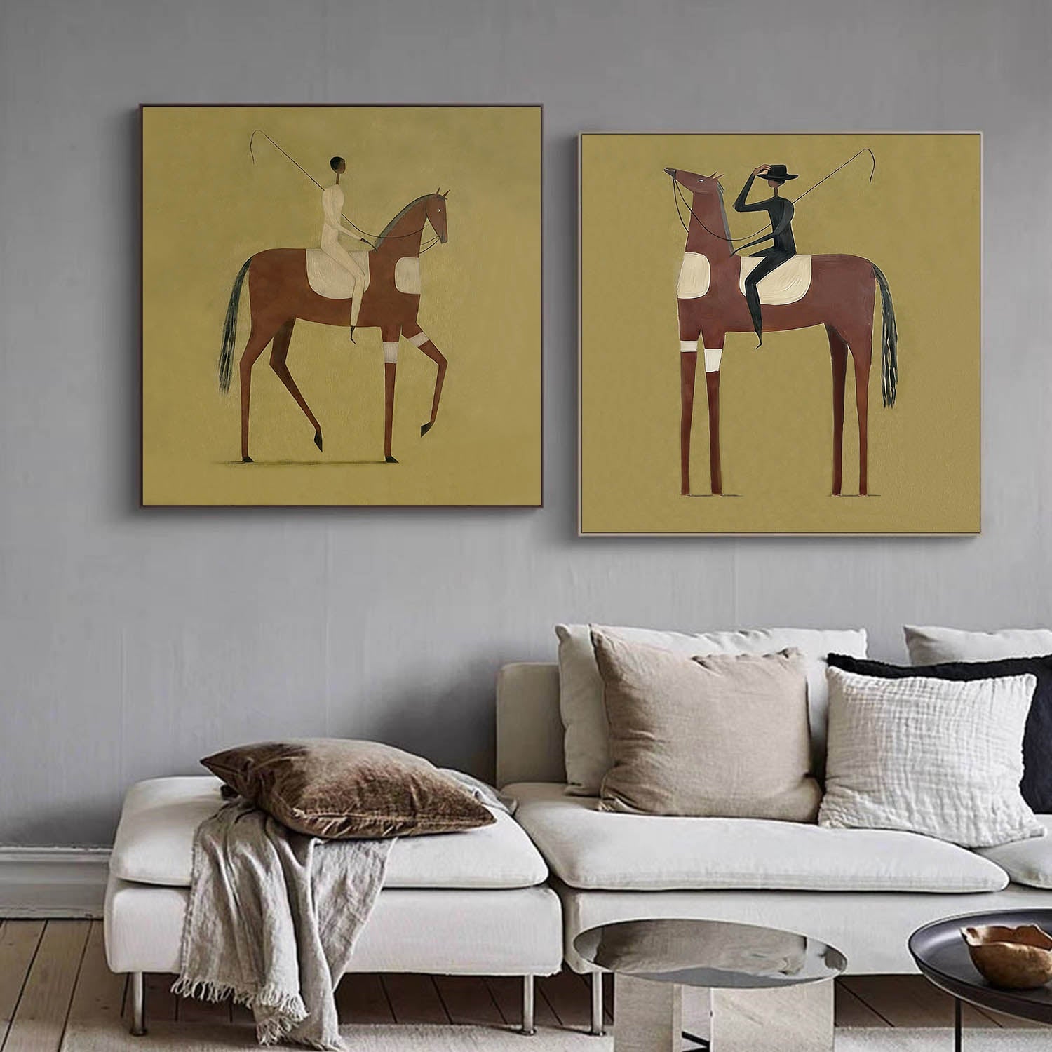 Hand-Painted Set of 2 Modern Equestrian Painting Minimalist Horse & Rider Canvas Art