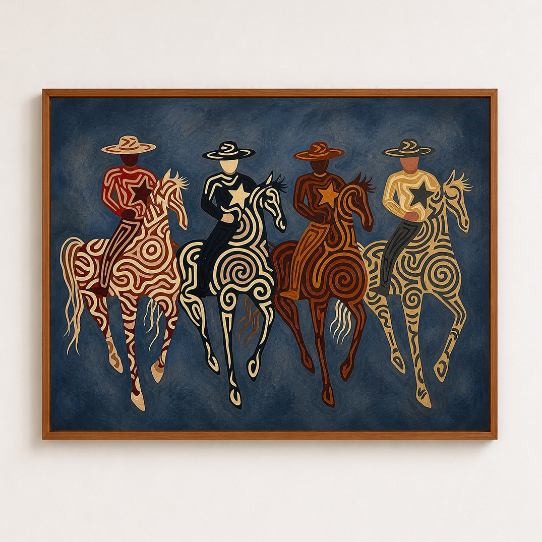 Four Cowboy Riders Painting, Navy Blue Western Horse Art, Southwestern Folk Wall Decor
