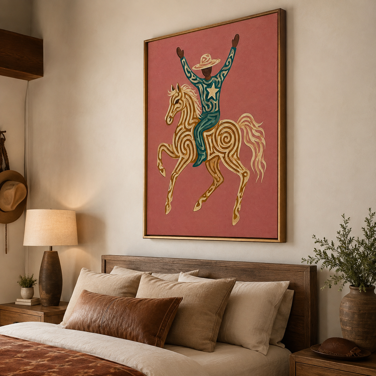 Modern Western Wall Art, Cowboy On Horse Canvas , Pink Background Wild West Painting