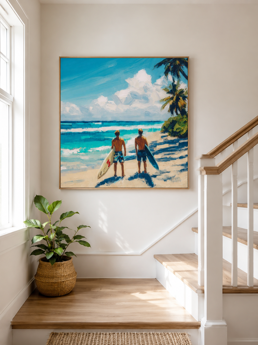 Vintage Tropical Surf Painting For Living Room With Textured Ocean Waves And Palm Trees