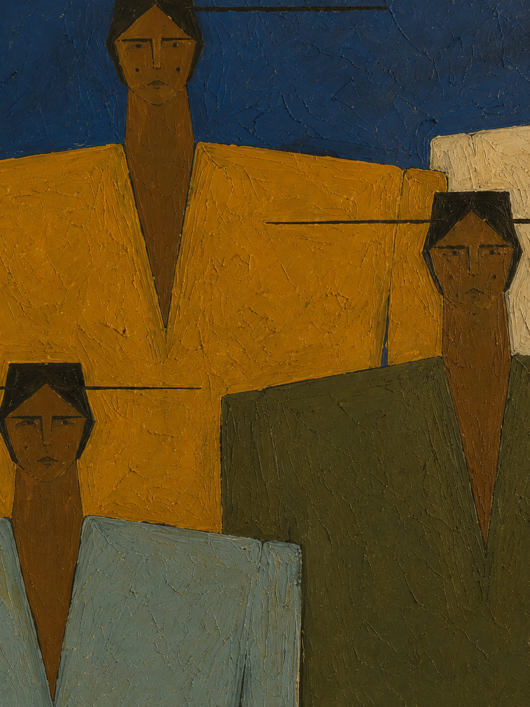 Wabi Sabi Figurative Art Painting With Geometric People In Blue Green Tones For Modern Living Room Decor