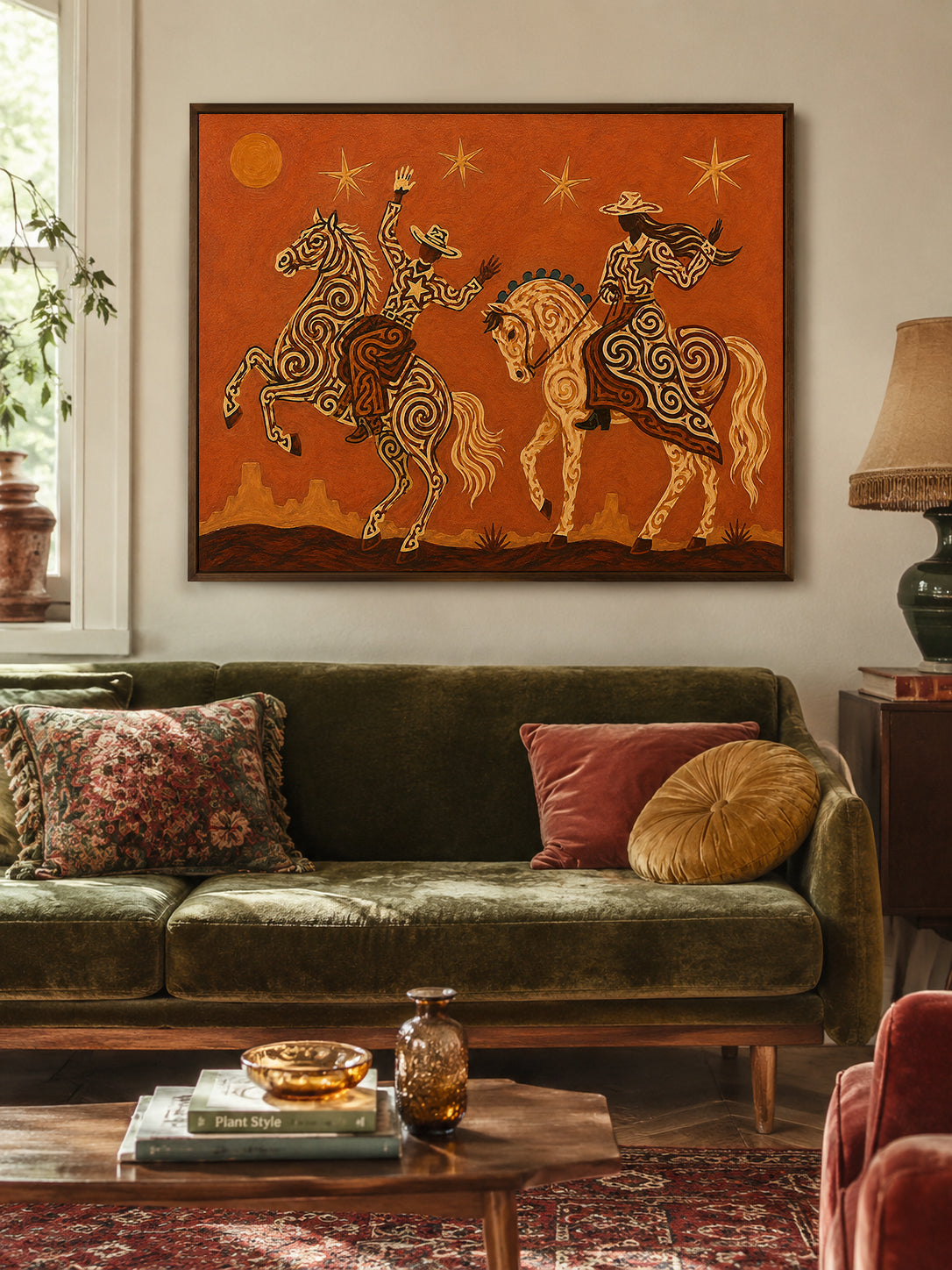Cowboy Cowgirl Horse Painting, Orange Desert Western Folk Art, Southwestern Riders Decor