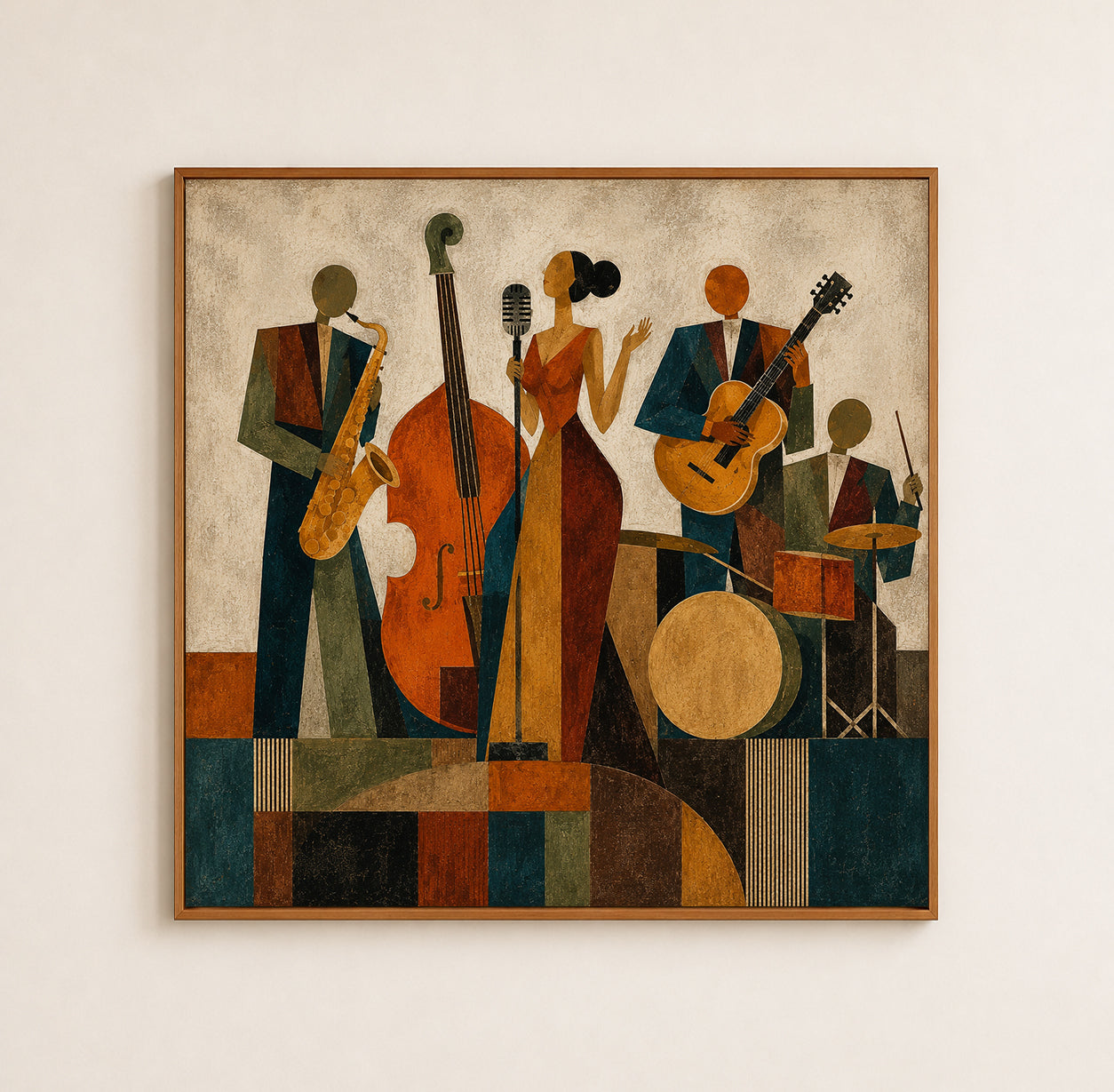 Vintage Jazz Band Painting Square Canvas Art For Living Room Music Lovers