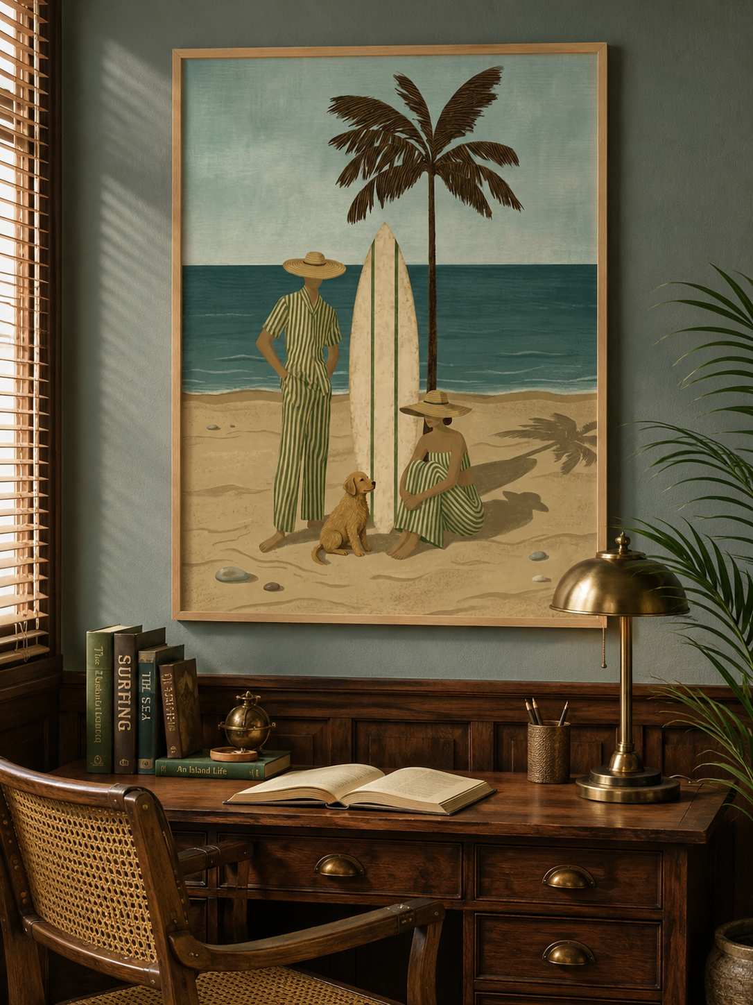 Vintage Surfboard Dog Painting For Coastal Living Room Retro Beach Wall Art