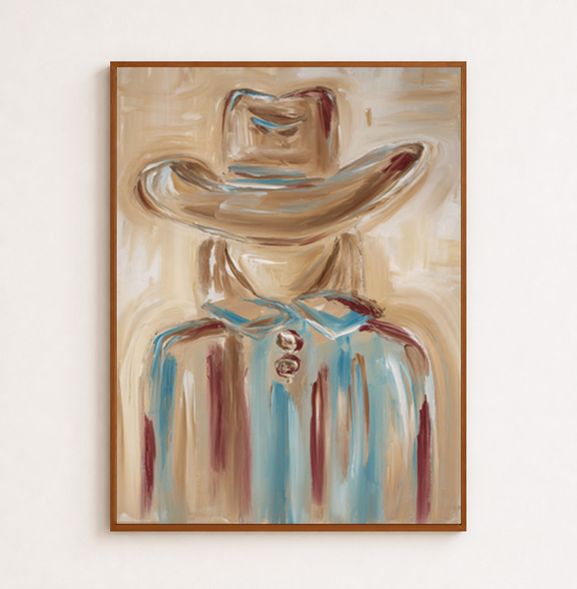 Cowgirl Portrait Canvas Painting Hand-Painted Wall Art In Blue And Beige