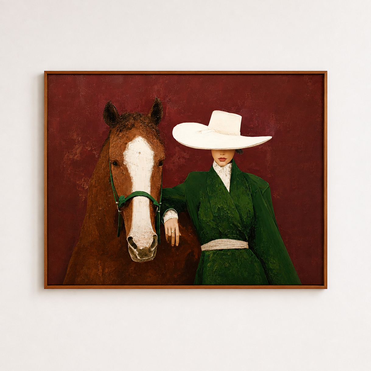 Elegant Woman With Horse Painting In Green Coat And Crimson Background For Living Room Decor