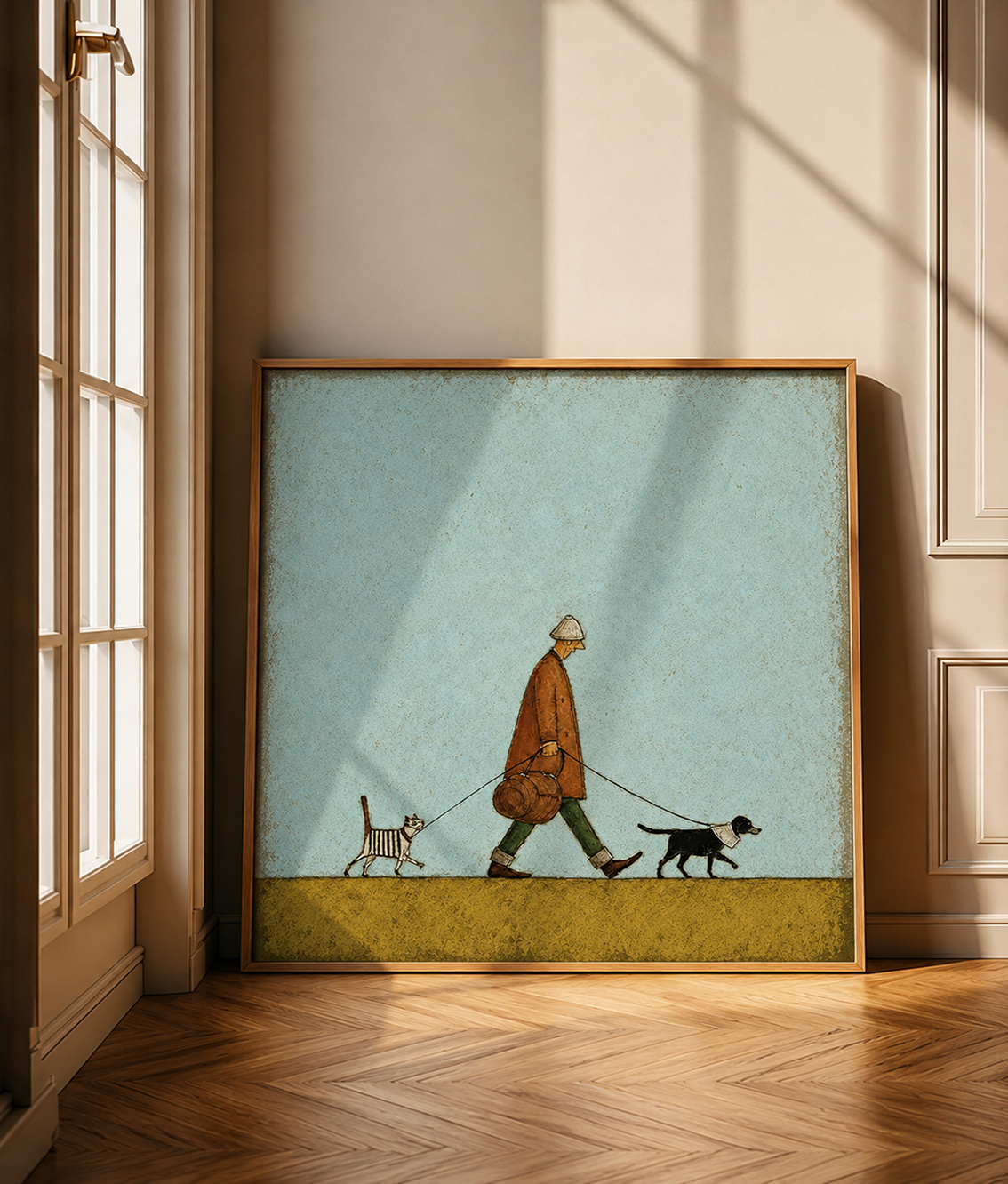 Vintage Style Oil Painting Of Man Walking Cat And Dog For Pet Lovers Home Decor