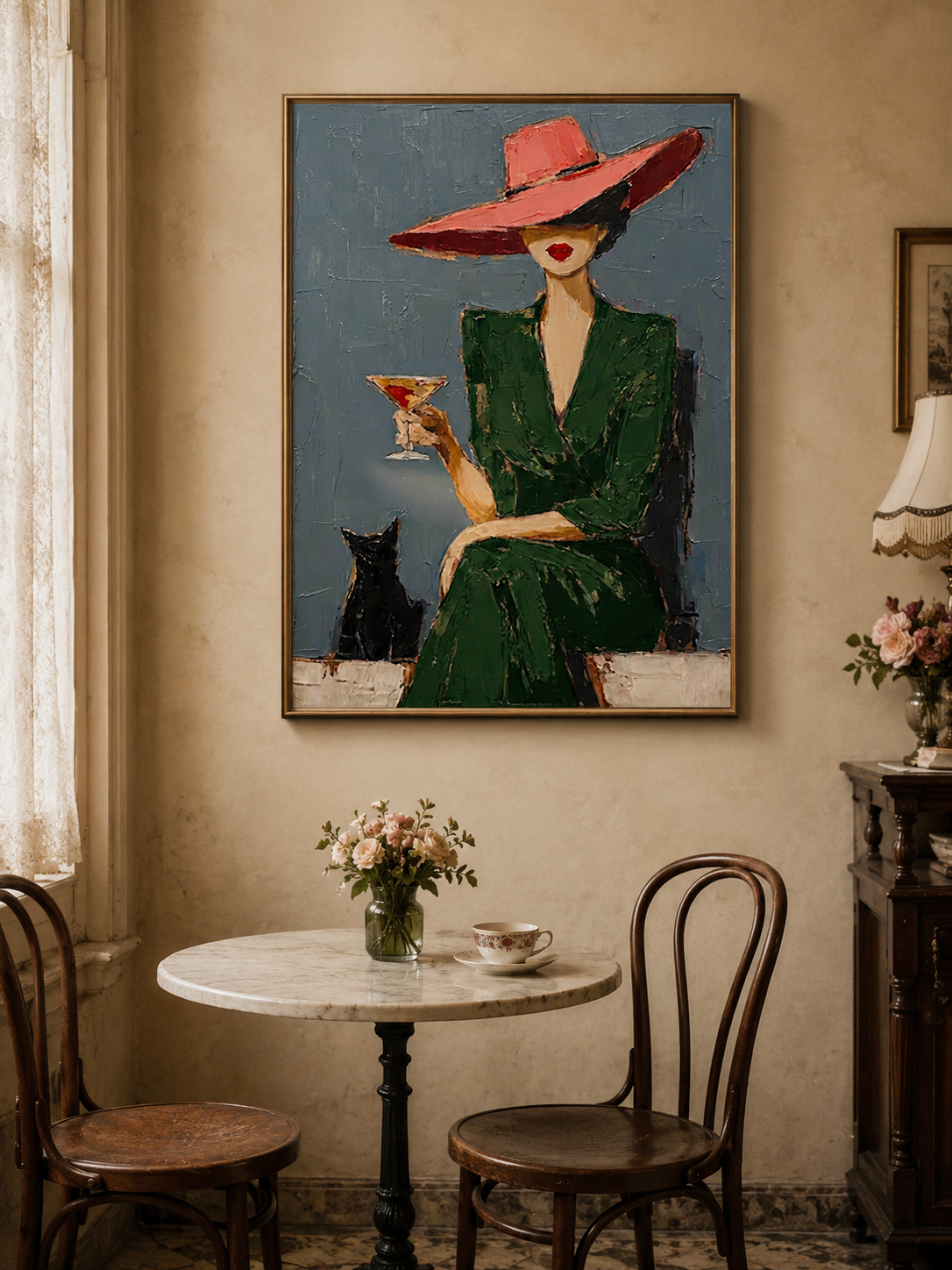 Stylish Woman In Green Dress With Red Hat Oil Painting For Modern Dining Room Wall Art Decor