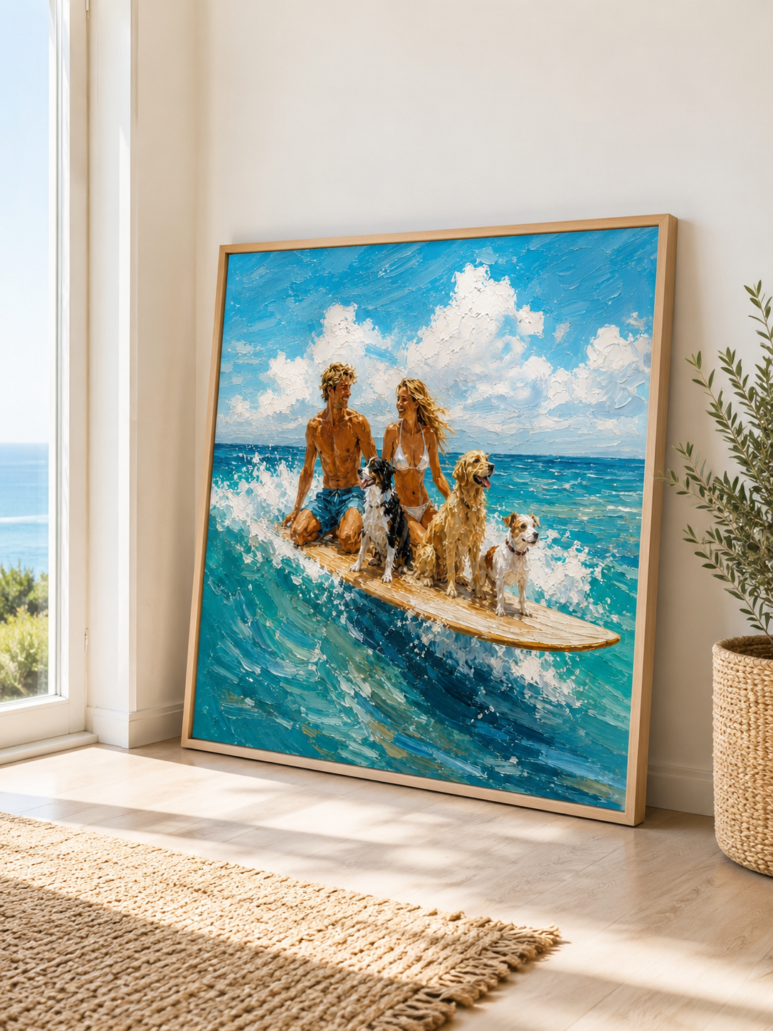 Summer Beach Wall Art Modern Textured Beach Painting With Dogs And Couple For Coastal Living Room Decor