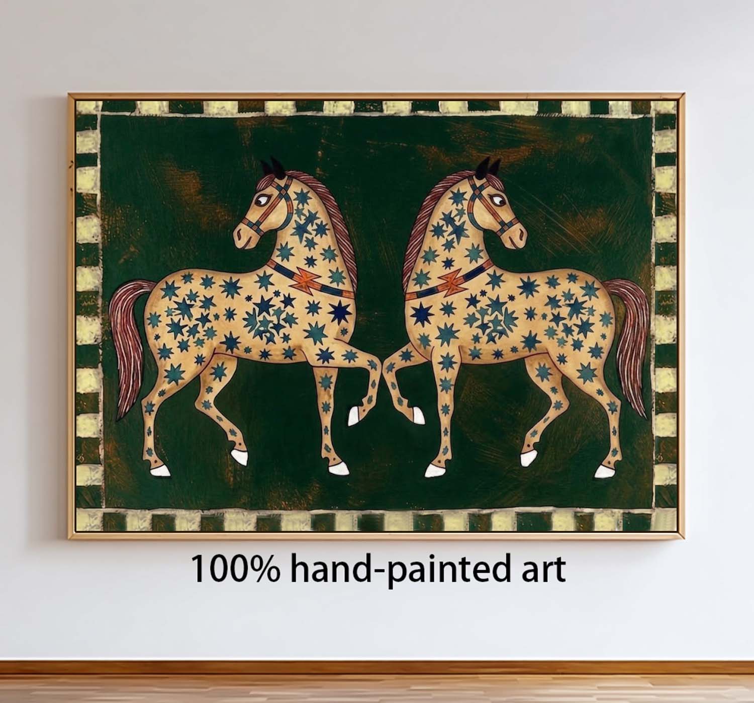 Mid-Century Modern Twin Horses Oil Painting - Folk Art Celestial Stars on Dark Green Canvas