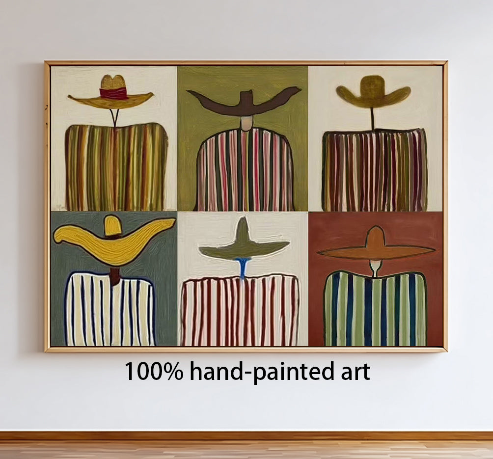 Modern Abstract Grid Oil Painting - Multi-Panel Style Hand-Painted Figures in Hats