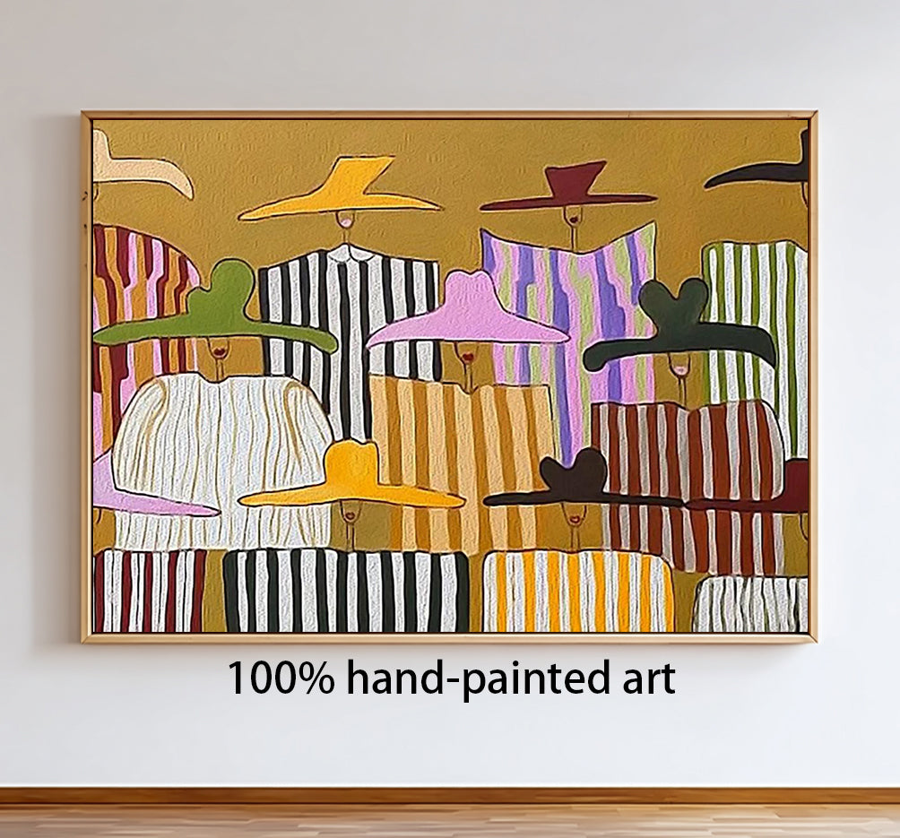 Large Abstract Pop Art Oil Painting for living room- Colorful Chic Ladies in Sun Hats 
