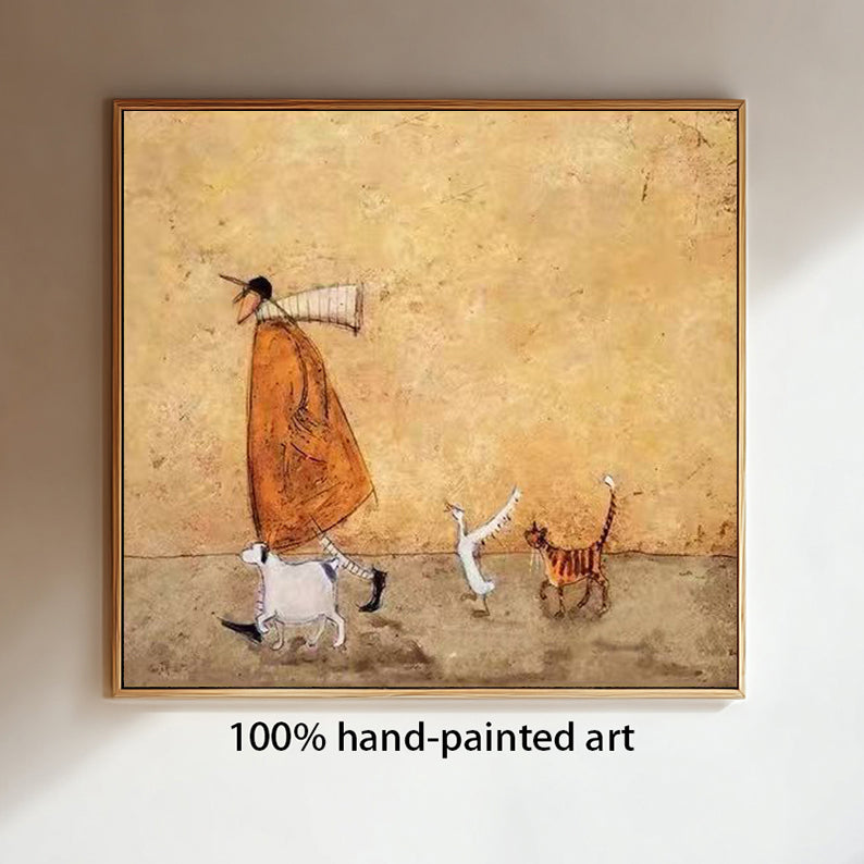 Earthy Tones Minimalist Character & Animals Oil Painting - Man Walking with Cat, and Dog