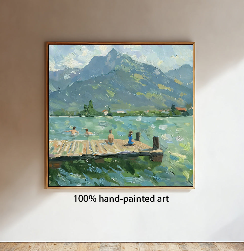 large Green Hand-painted oil painting Serene water landscape decor