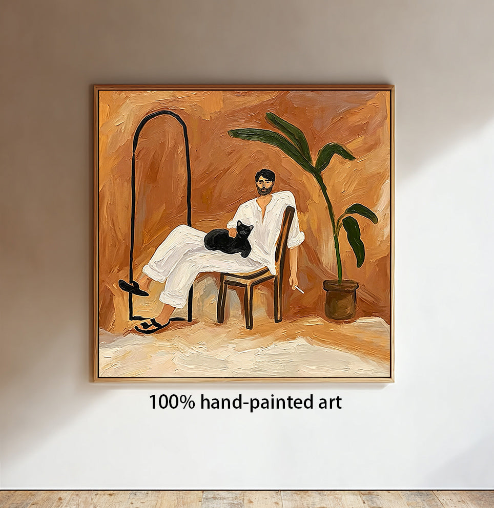 Hand-Painted Portrait Oil Painting - Man with Black Cat, Mid-Century Modern Wall Art