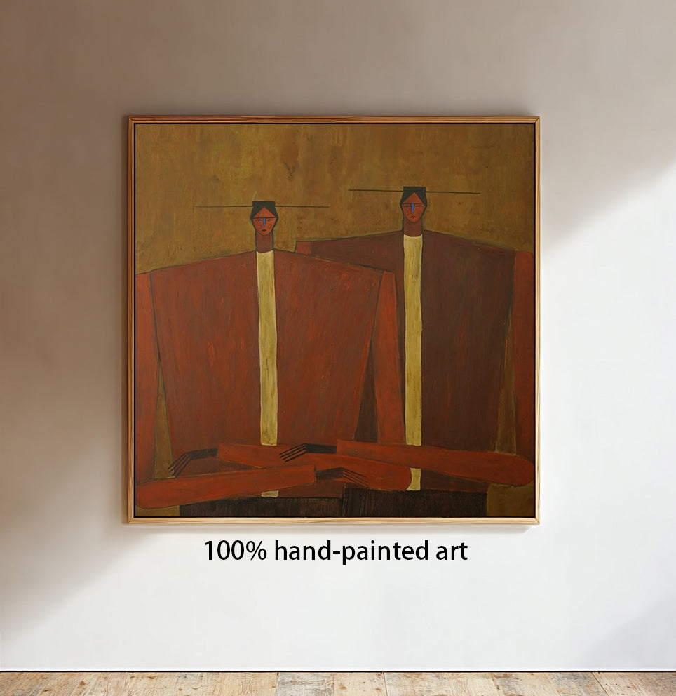 Hand-painted art piece with two figures on a beige wall.