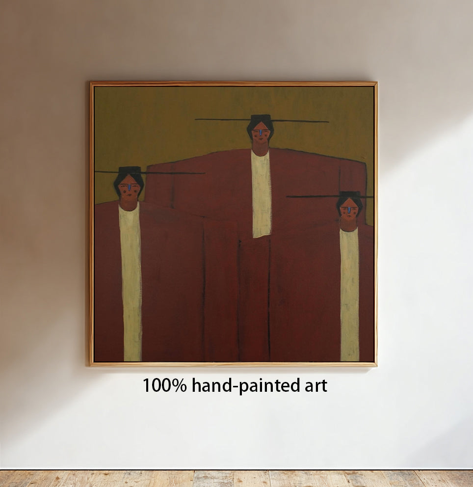 Hand-painted artwork of three figures in a warm color palette on a plain wall.