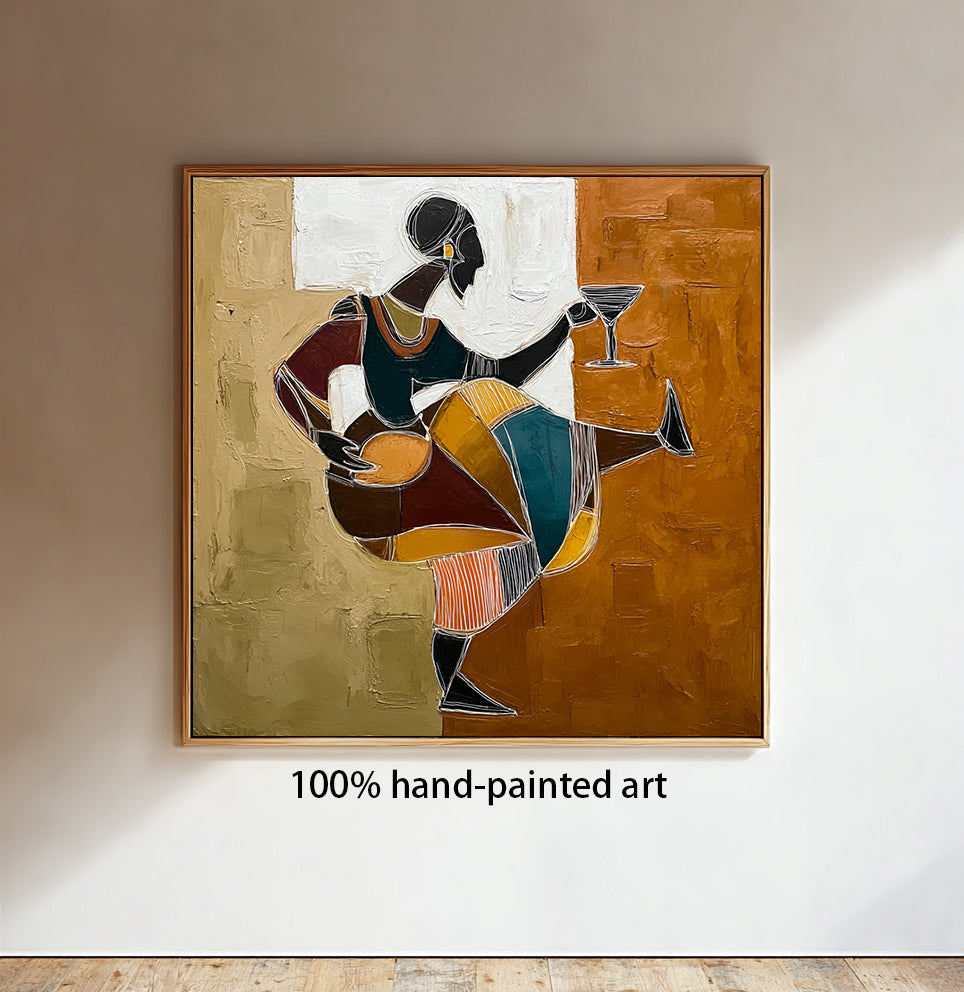 Hand-Painted Tribal Woman with Wine Glass | Modern Geometric Wall Art