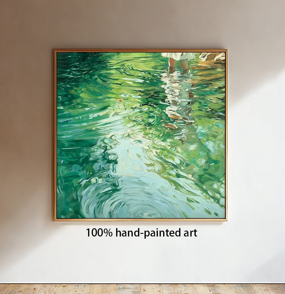 Oil painting of a girl on water, lakeside painting, green textured landscape art