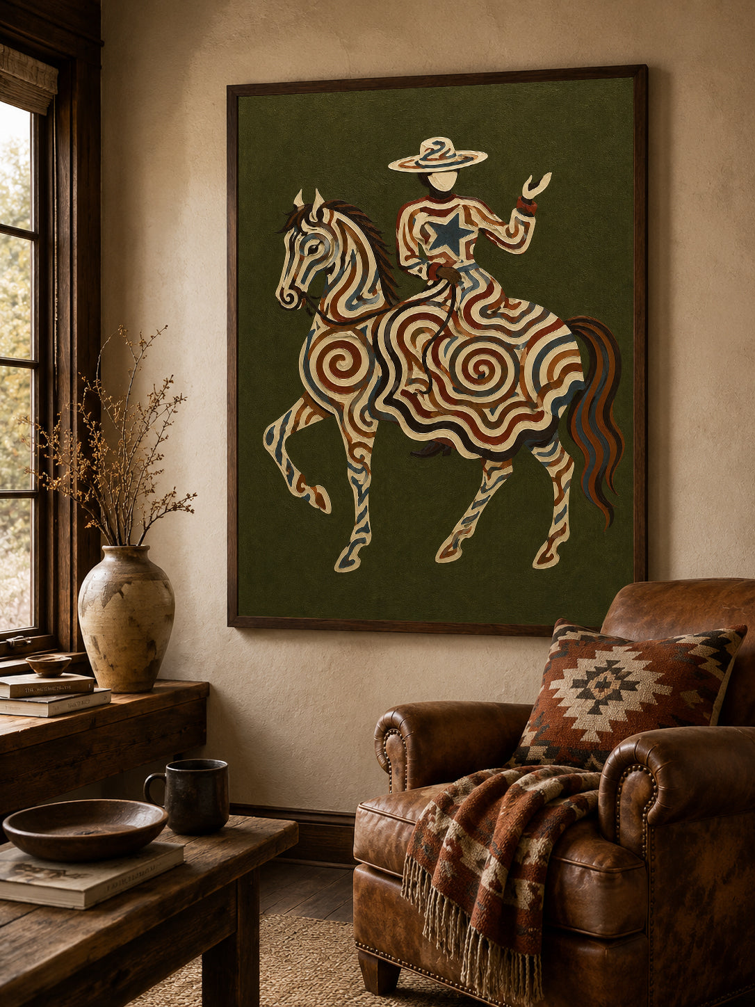 Vintage Cowgirl And Horse Painting Olive Green Wall Art For Living Room Decor