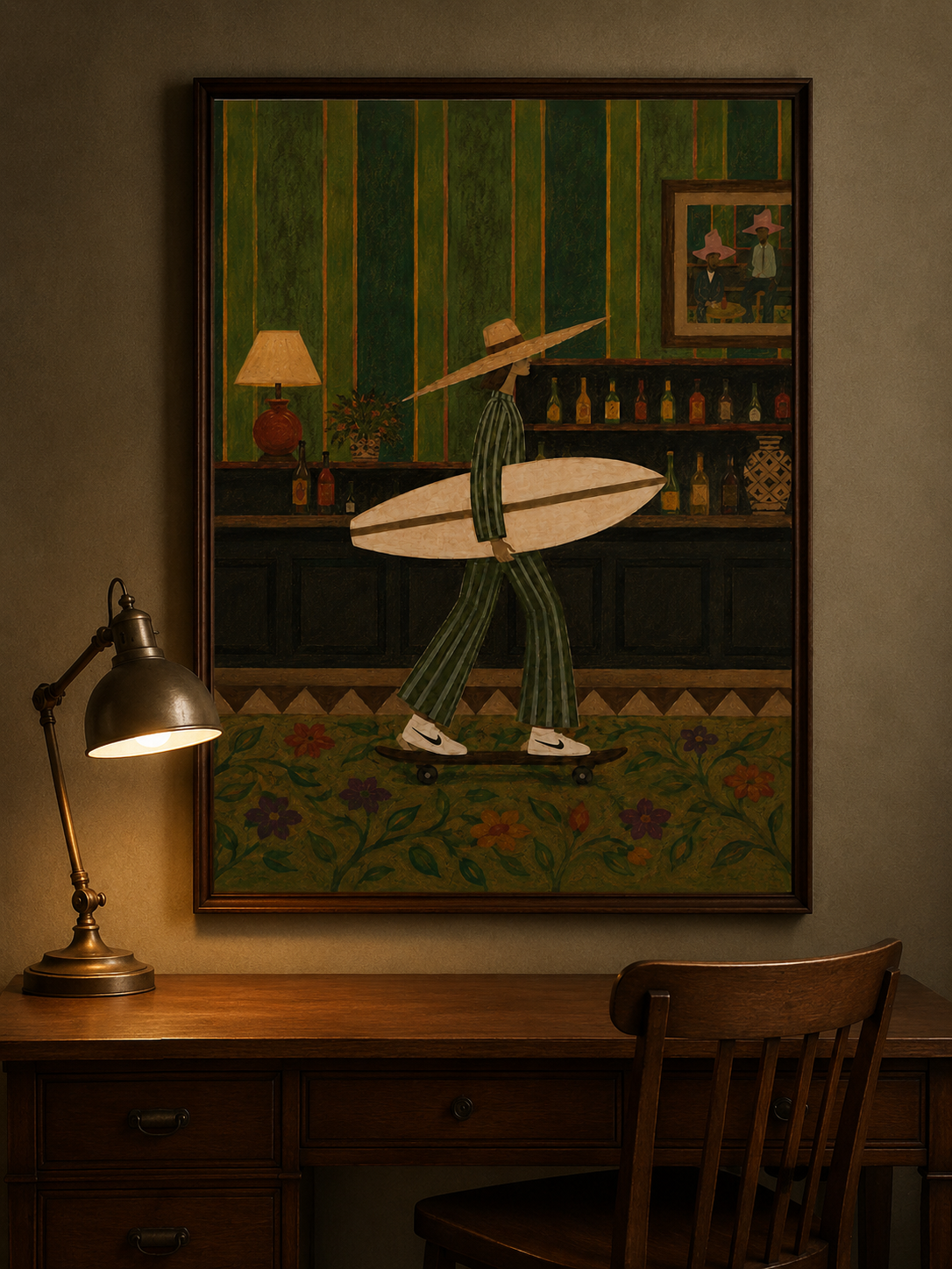 Vintage Western Surf Art Canvas Print With Cowgirl Skateboard For Retro Home Decor