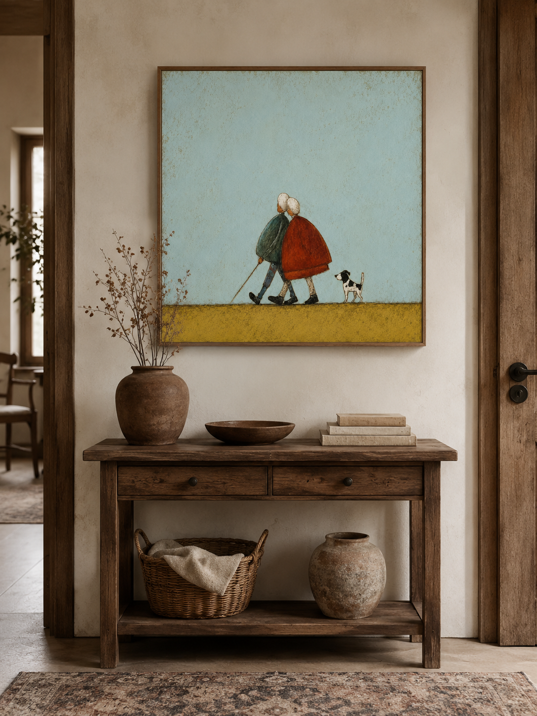 Vintage Elderly Couple With Dog Painting For Cozy Home Decor