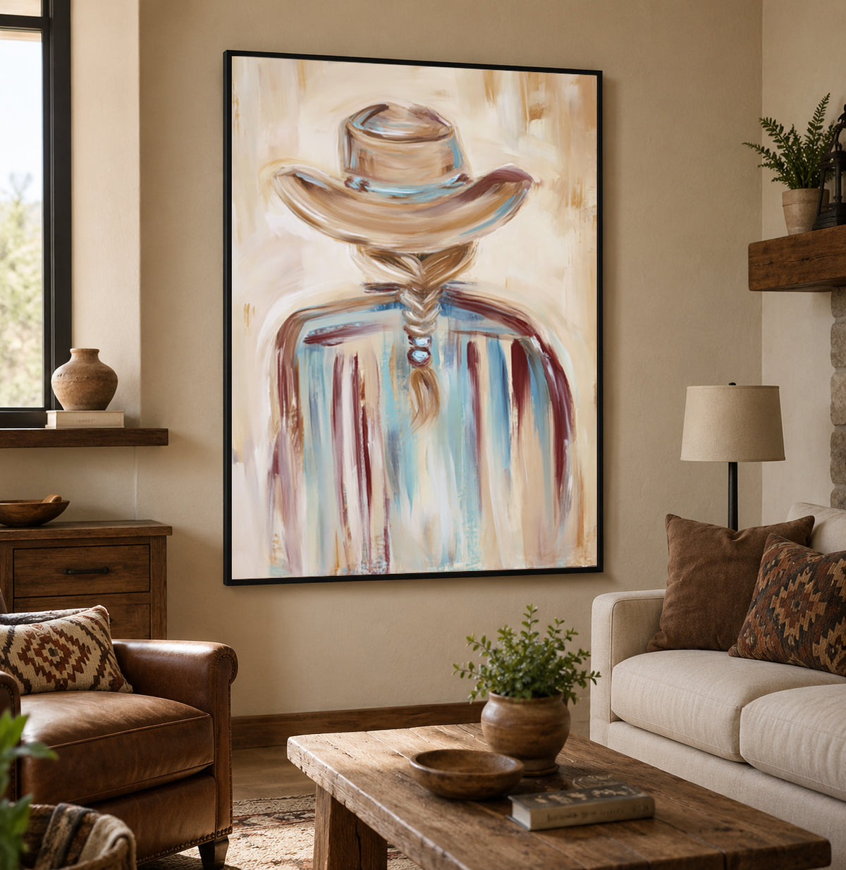 Cowgirl Back View Canvas Painting Hand-Painted Western Art In Beige And Blue