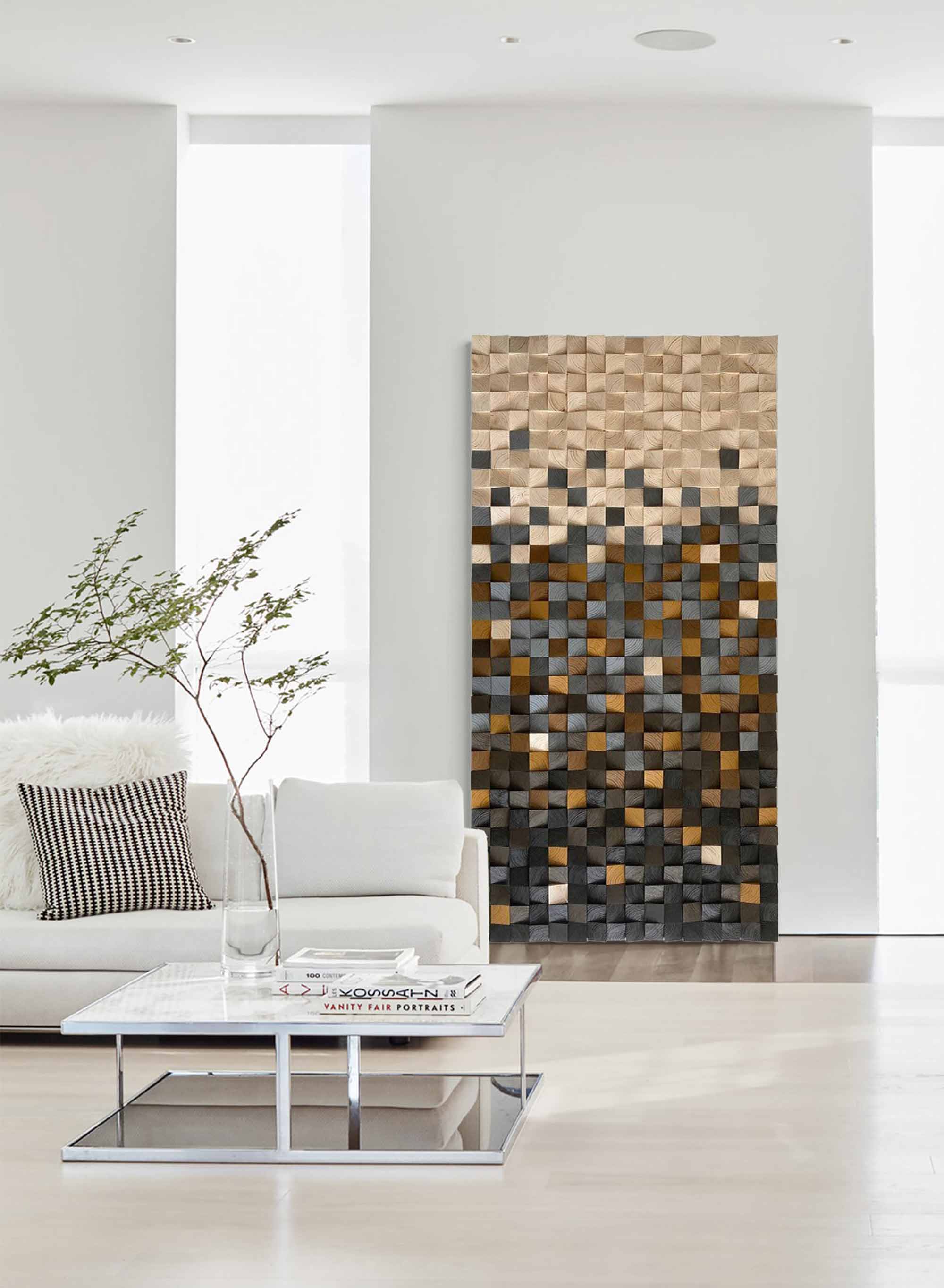 Hand-Painted Wood Carving Wall Art: Geometric Wood Decor Art
