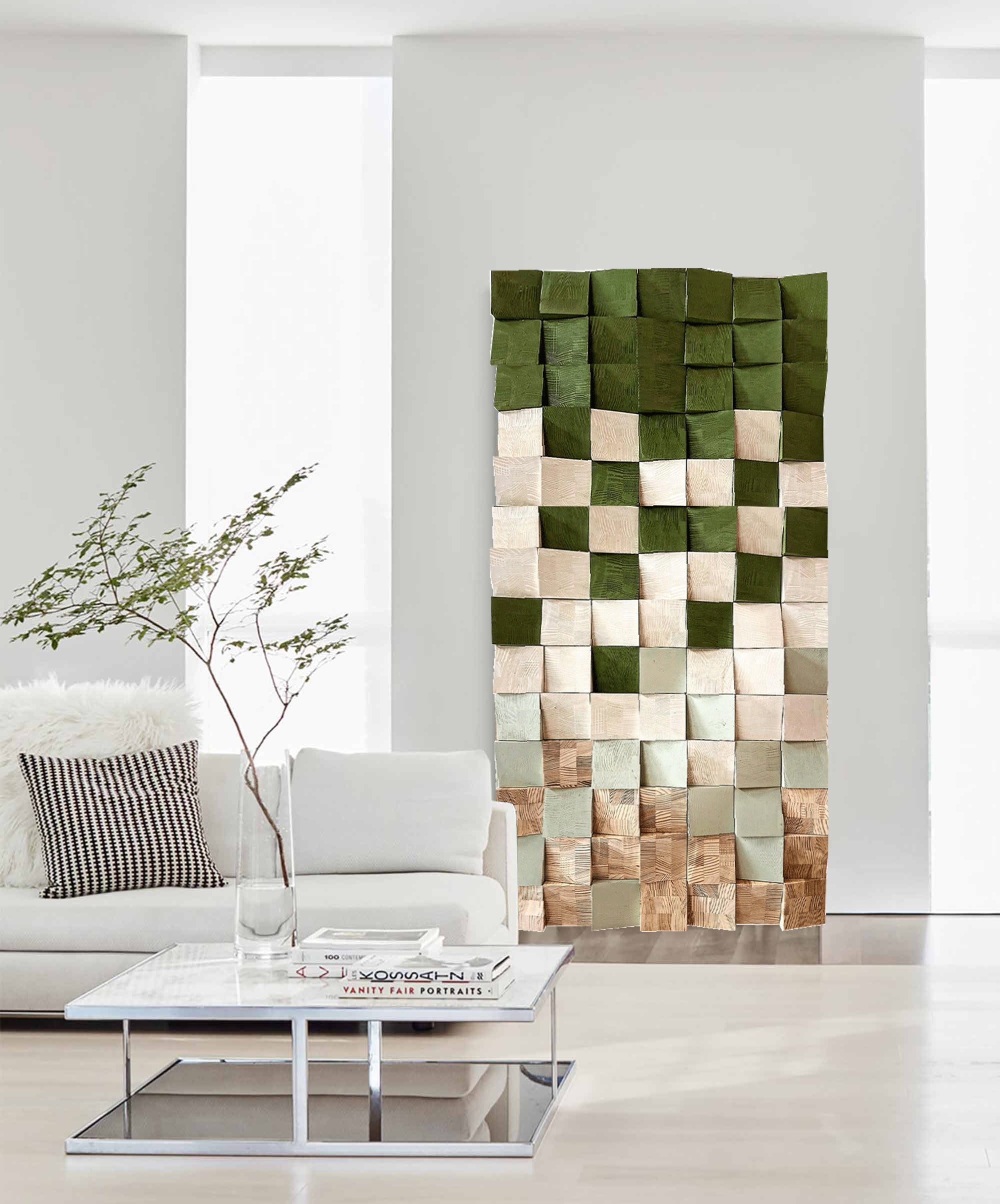 Green Geometric Wood Art: Textured Wall Sculpture Decor art Painting