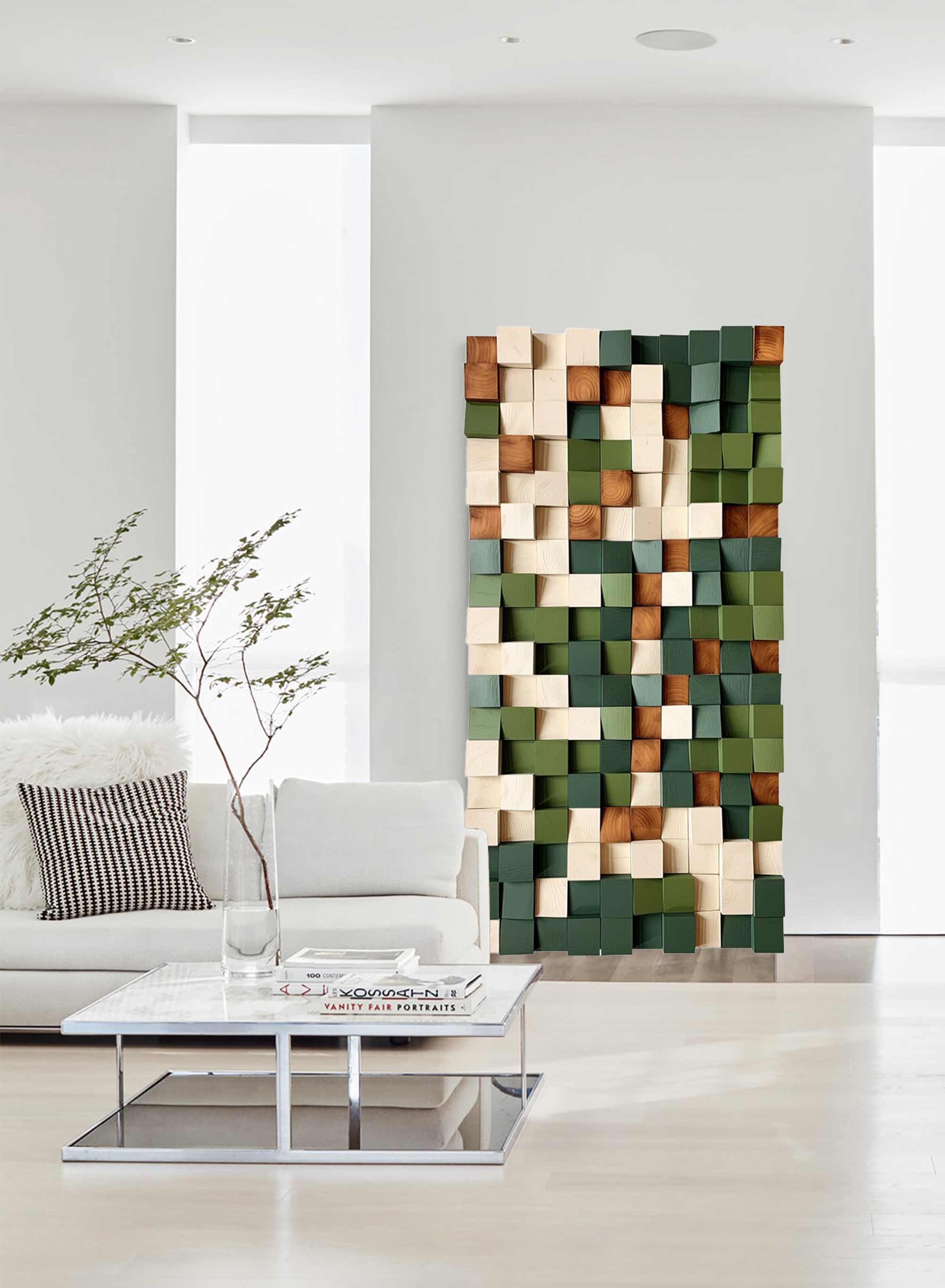 Green Geometric Wood Decor Art Textured Wall Sculpture Decor Painting