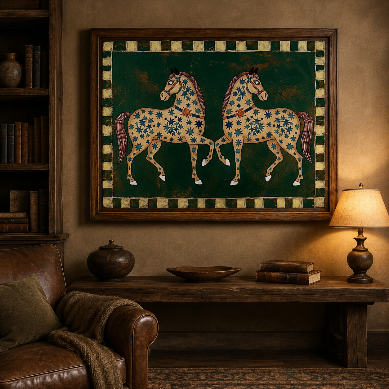 Exquisite Two Horses Painting With Star Patterns On Olive Green Background Original Folk Art