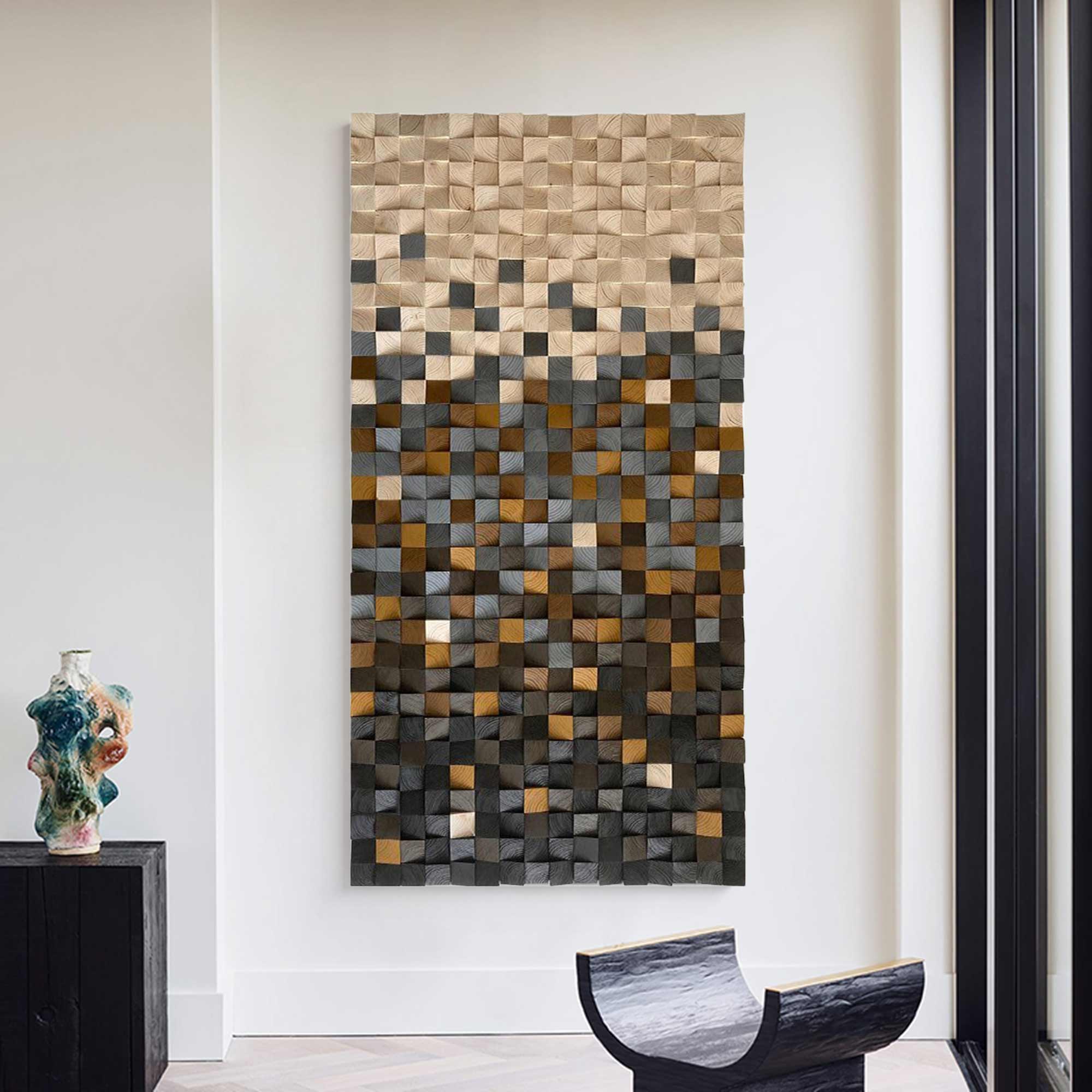 Hand-Painted Wood Carving Wall Art: Geometric Wood Decor Art