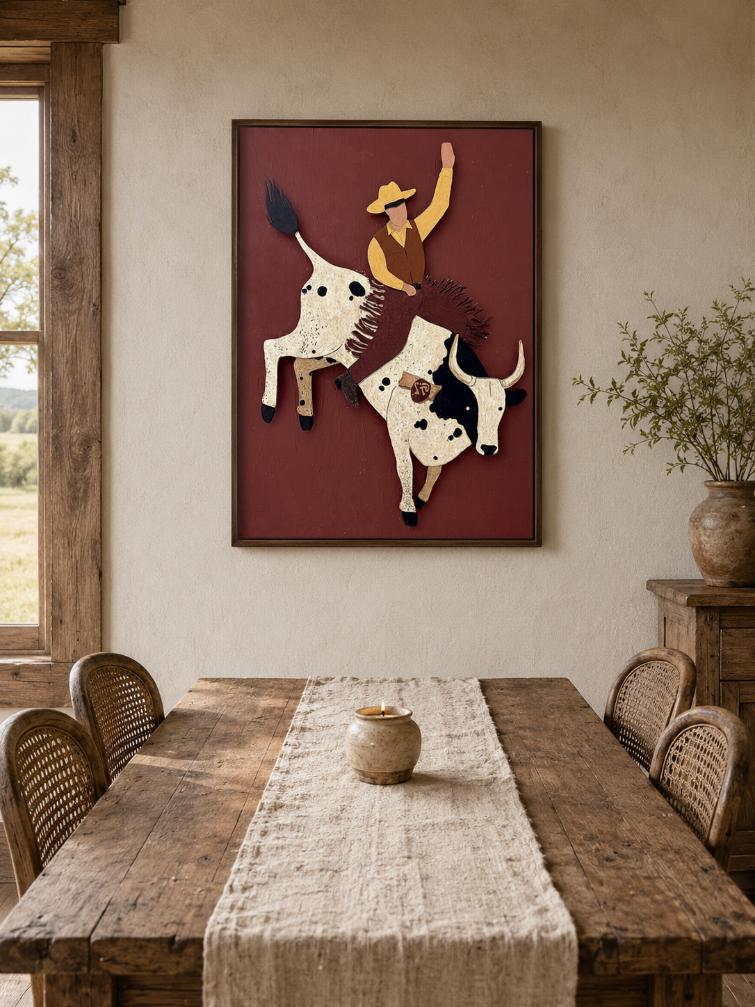 Bold Rodeo Bull Rider Abstract Art For Man Cave Office Wall Decor In Earth Tones