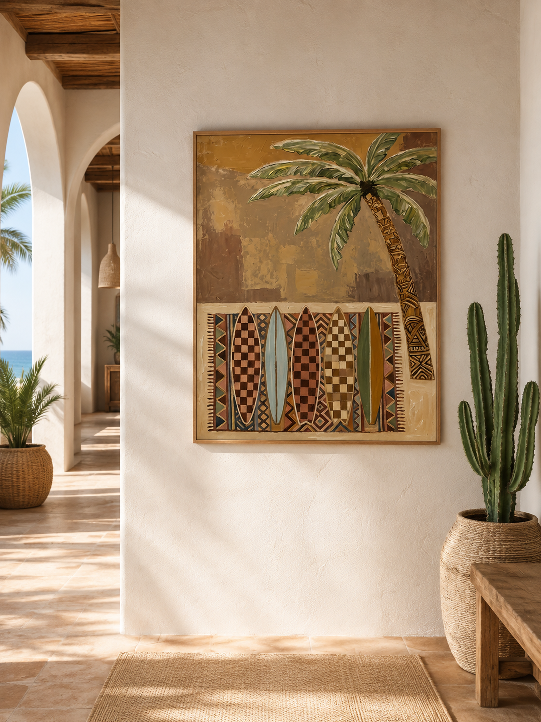 Bohemian Surfboard Painting With Palm Tree For Beach House Living Room Wall Art