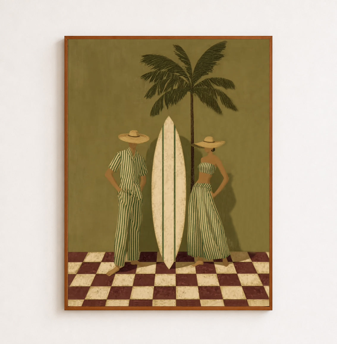 Vintage Green Stripe Beach Art With Palm Tree And Surfboard For Coastal Living Room Wall Decor