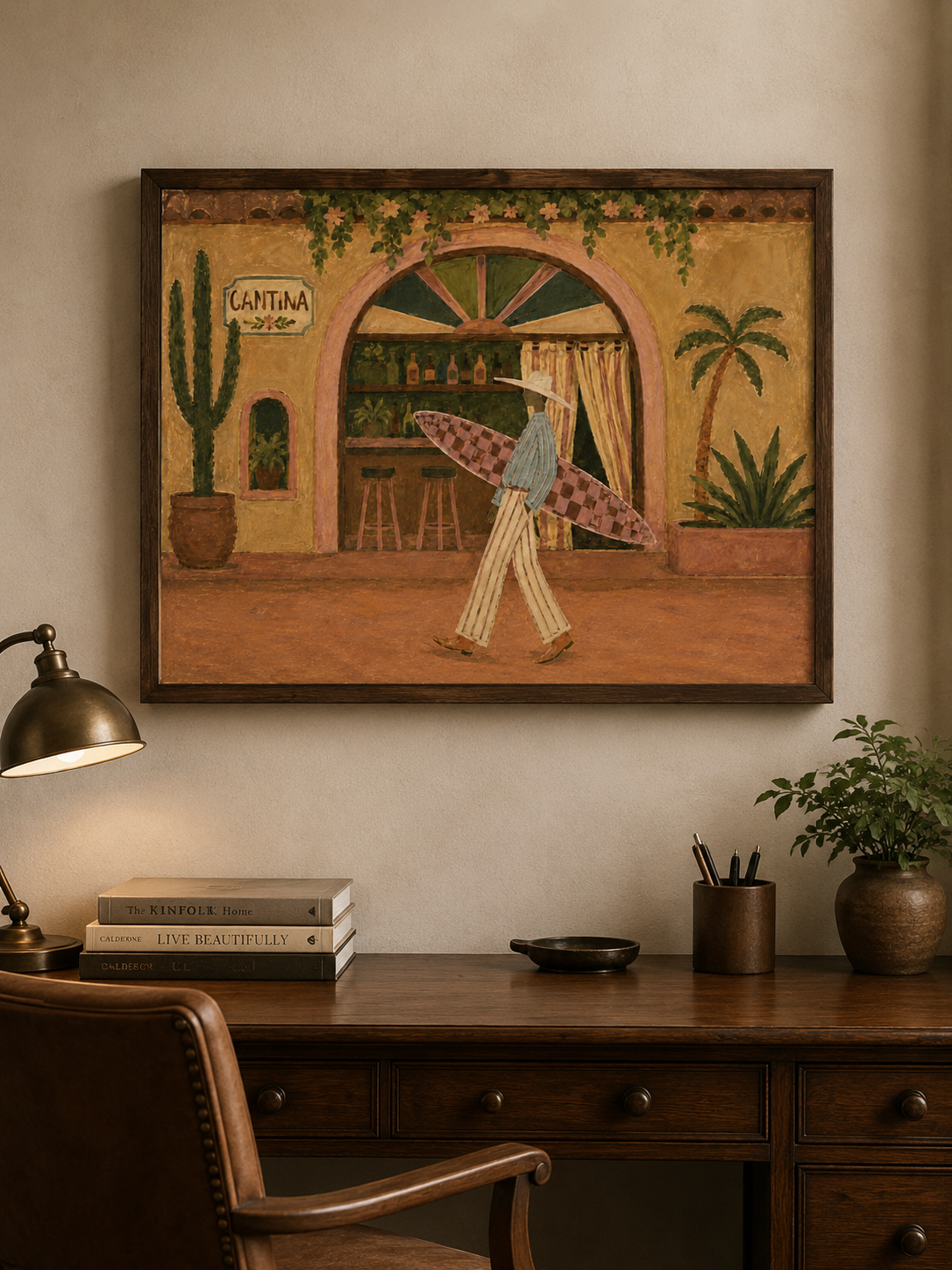 Retro Surfer Cantina Painting For Beach House Decor Cantina Wall Art, Western Coastal Surf Decor