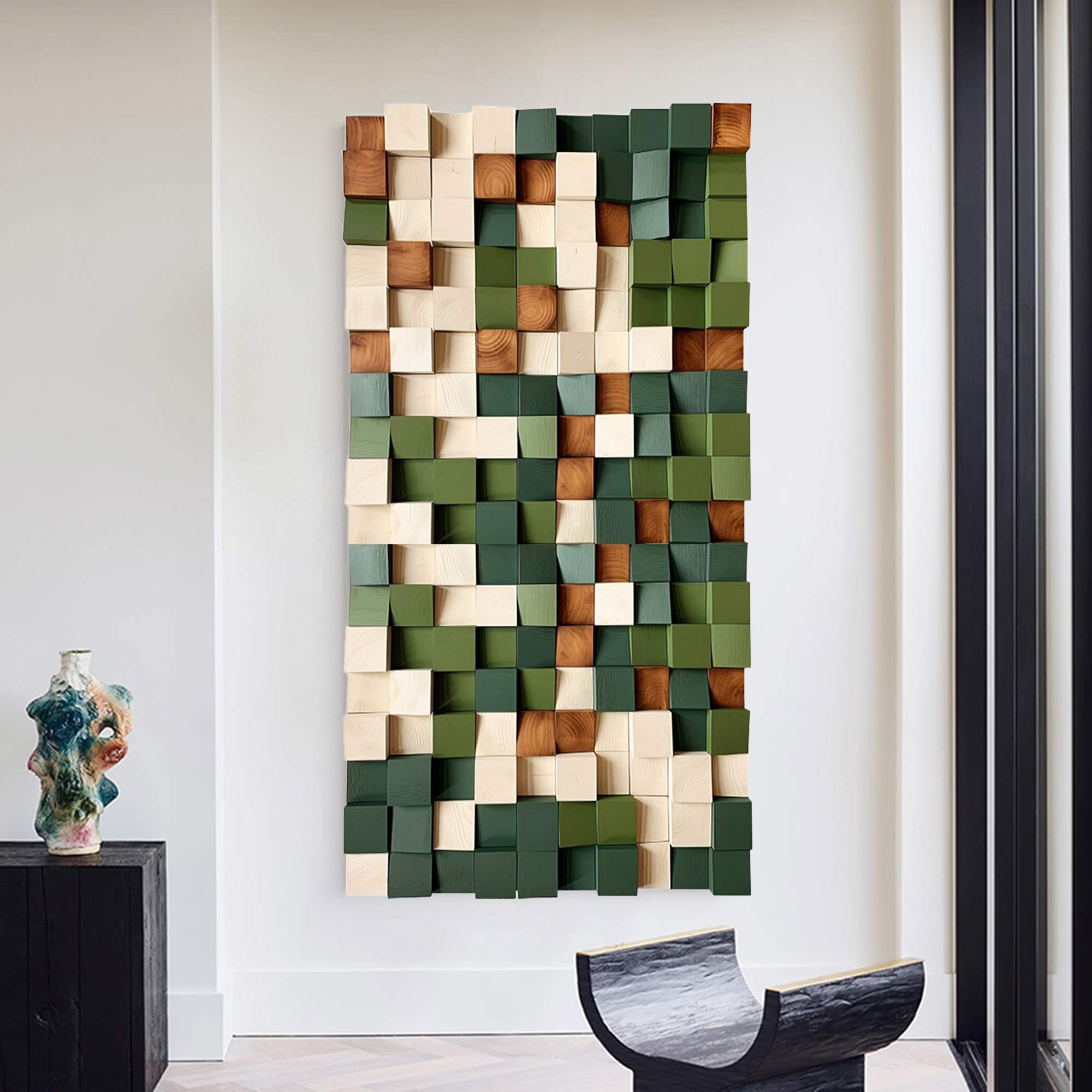 Green Geometric Wood Decor Art Textured Wall Sculpture Decor Painting
