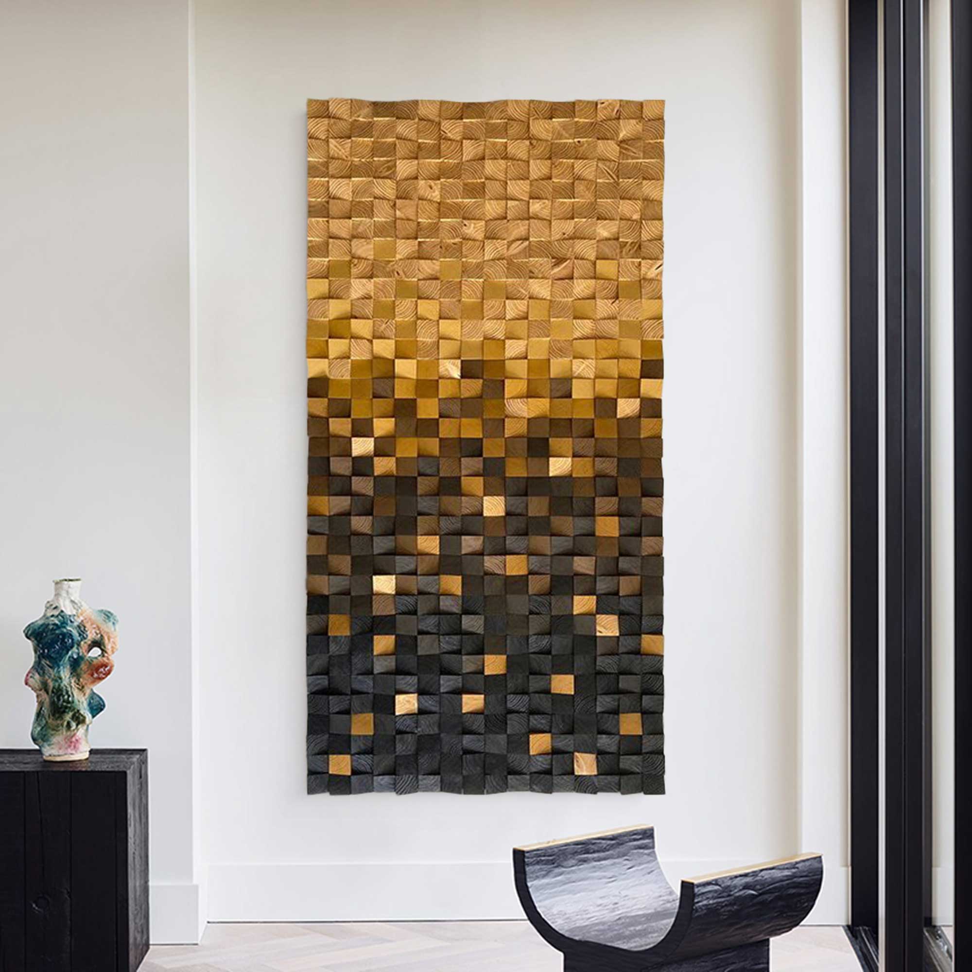 Gold Geometric Wood Decor Art Textured Wall Sculpture Decor Painting