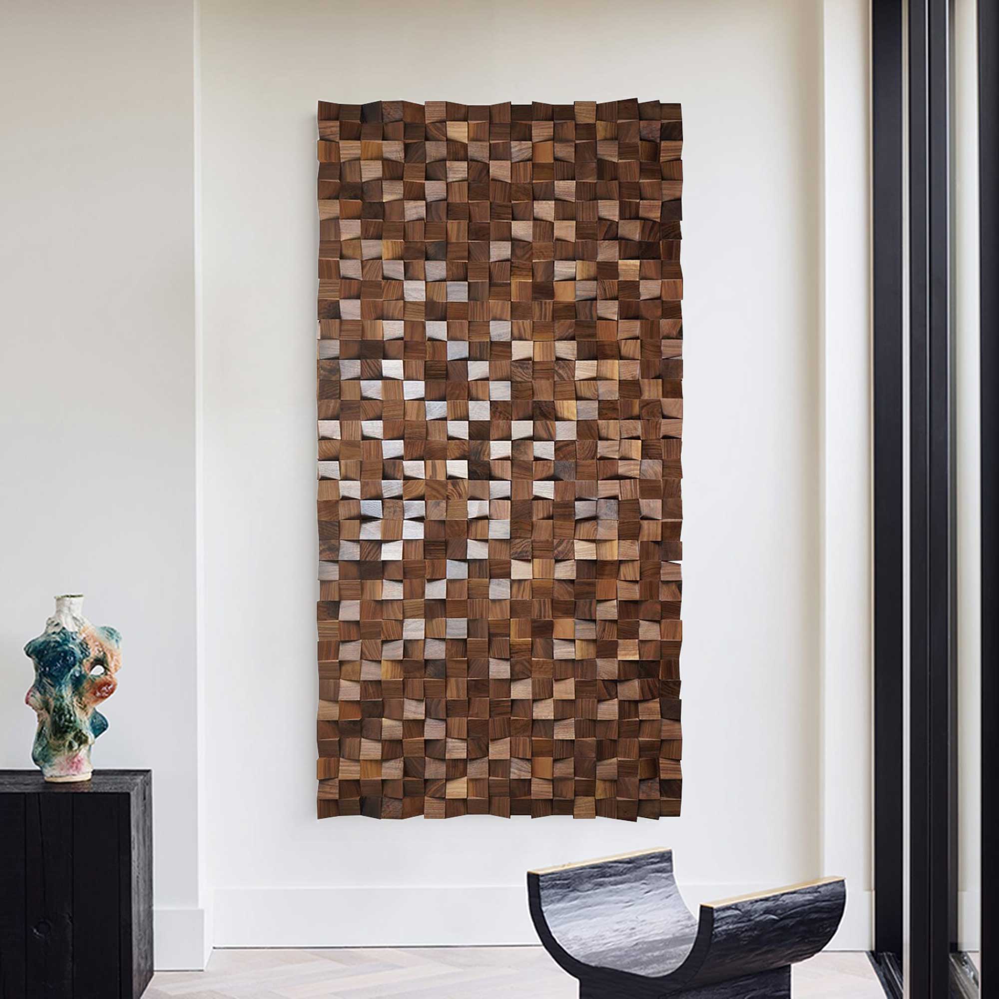 Hand-Painted Brown Wood Carving Wall Art: Geometric Wood Decor Art