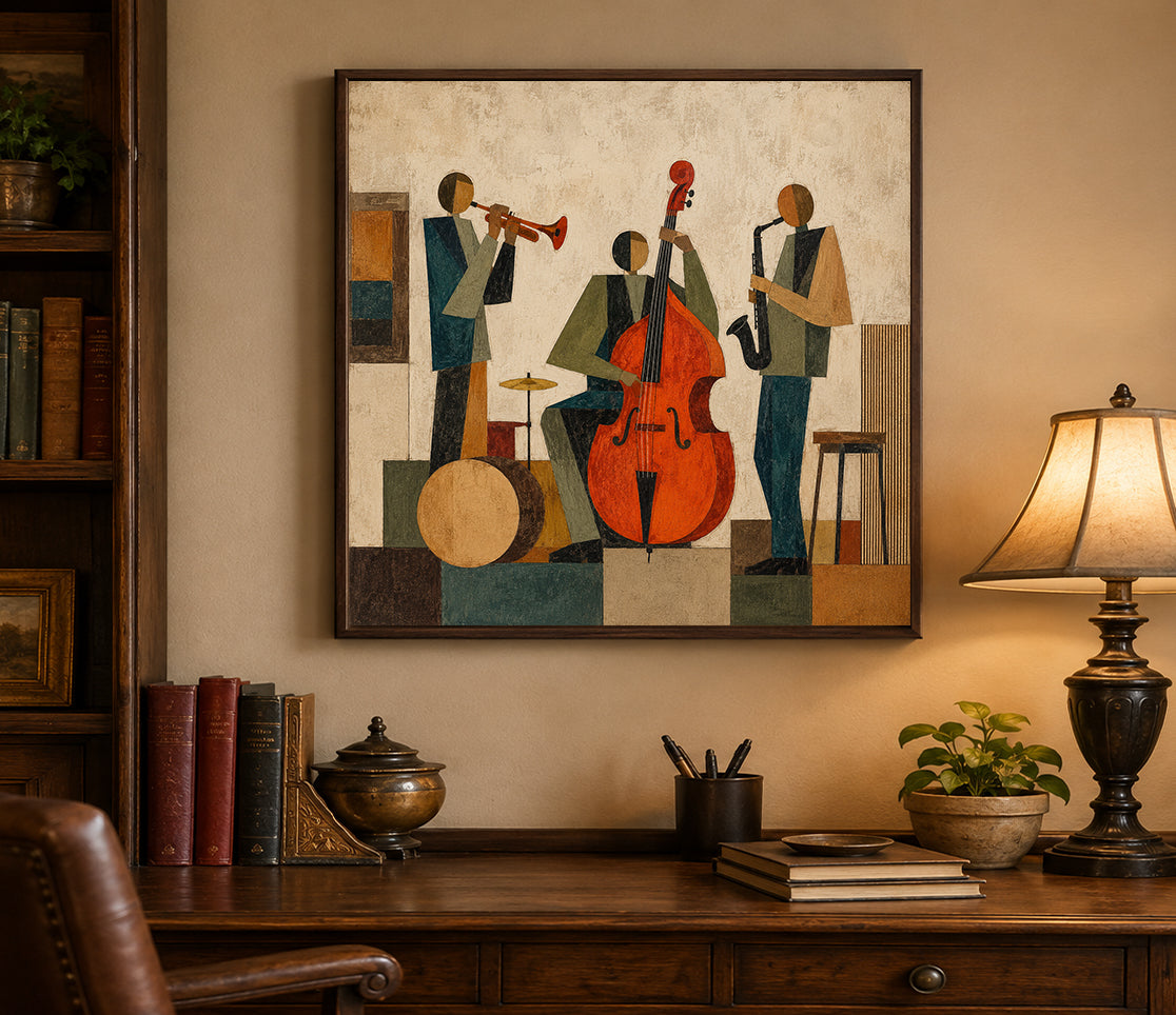 Abstract Jazz Band Painting With Double Bass For Modern Living Room Decor