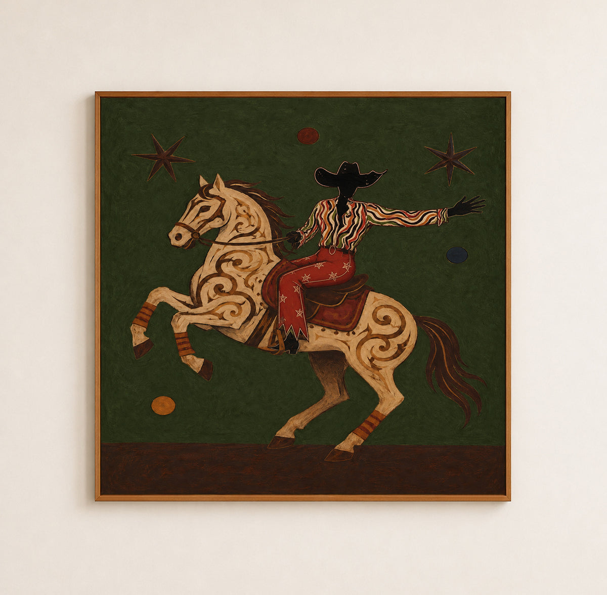 Cowboy And Horse Canvas Painting With Green Background Original Art