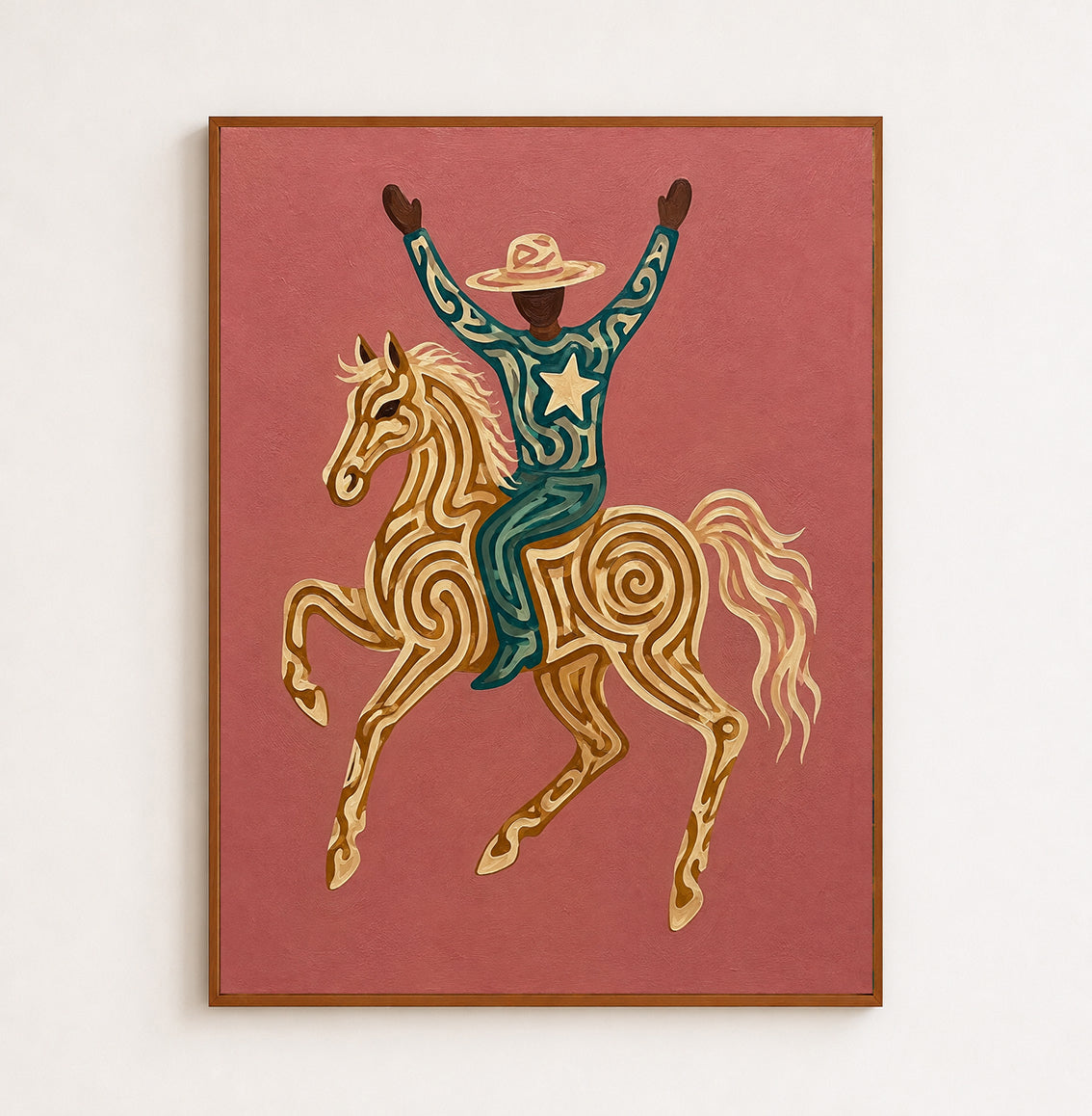 Modern Western Wall Art, Cowboy On Horse Canvas , Pink Background Wild West Painting
