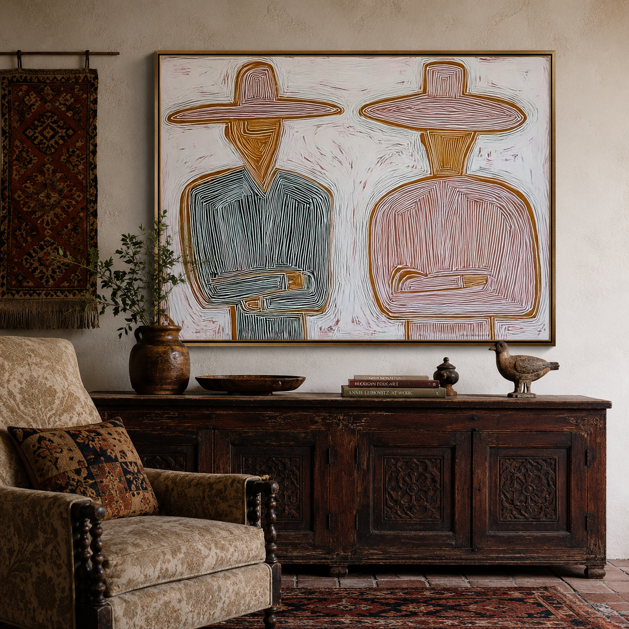 Mediterranean Minimalist Figure Painting With Earthy Tones For Modern Living Room Wall Art