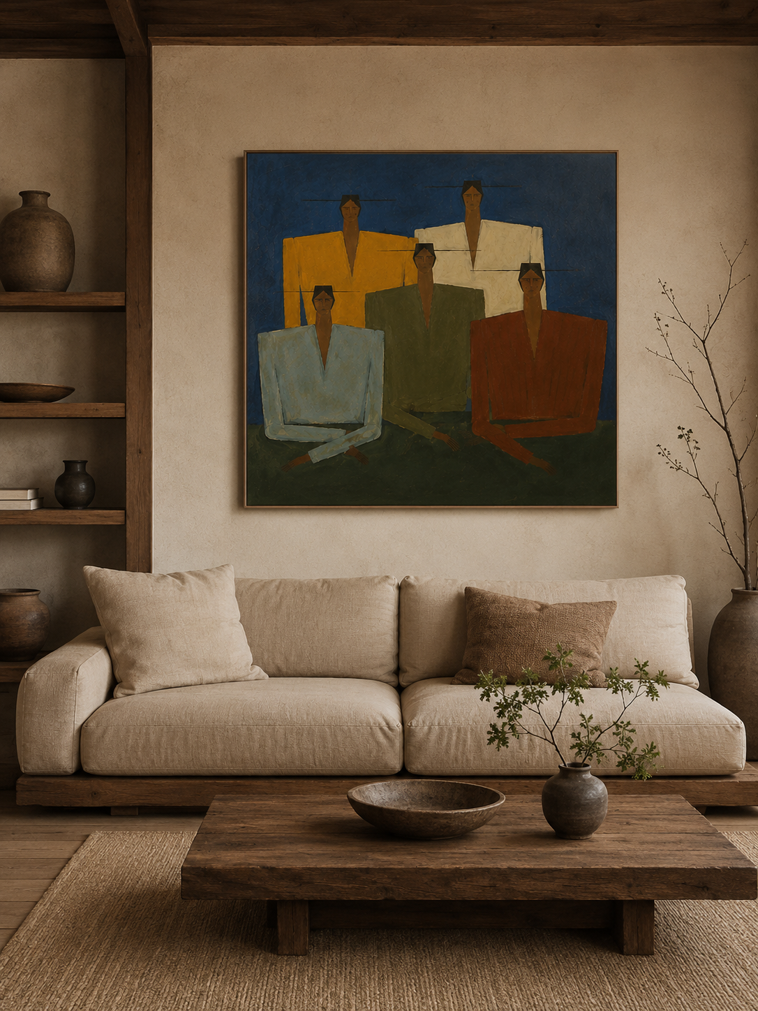 Wabi Sabi Figurative Art Painting With Geometric People In Blue Green Tones For Modern Living Room Decor