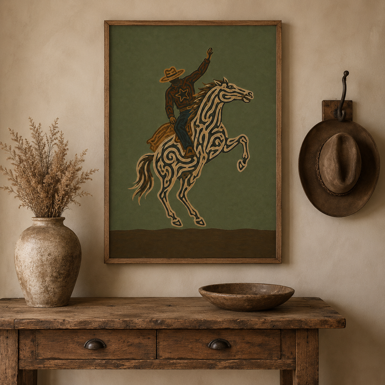 Olive Green Wall Art Dynamic Cowboy Wall Art, Bucking Horse Painting, Wild West Equestrian Decor