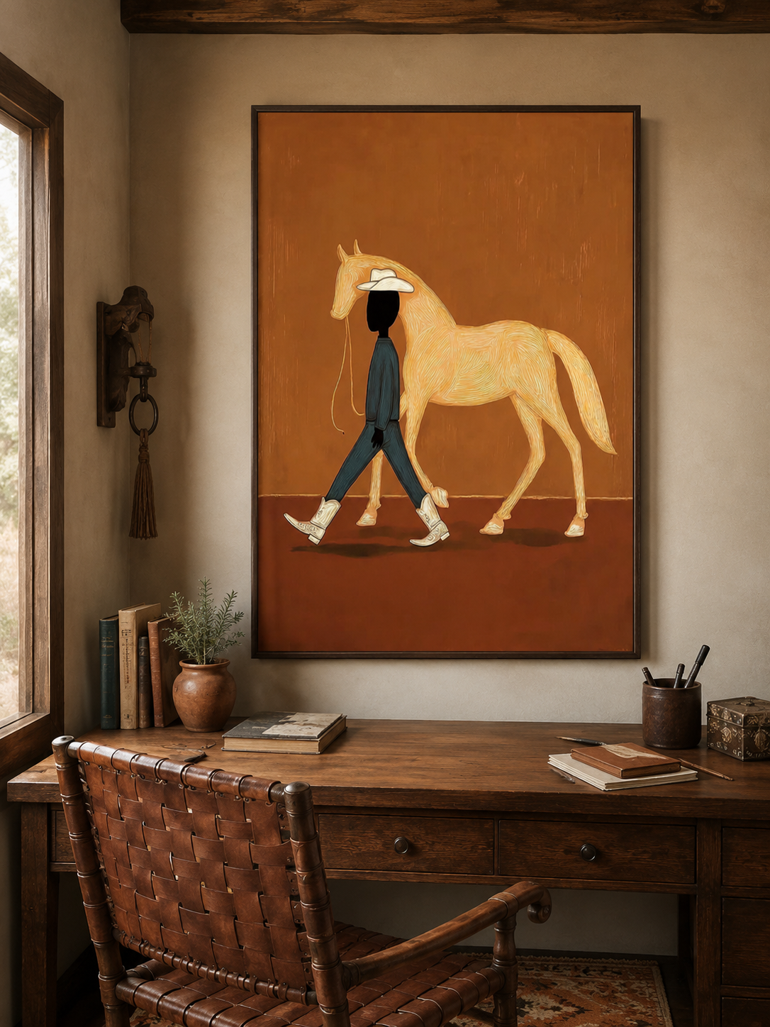 Minimalist Cowboy And Horse Painting Abstract Textured Wall Art For Modern Home Decor