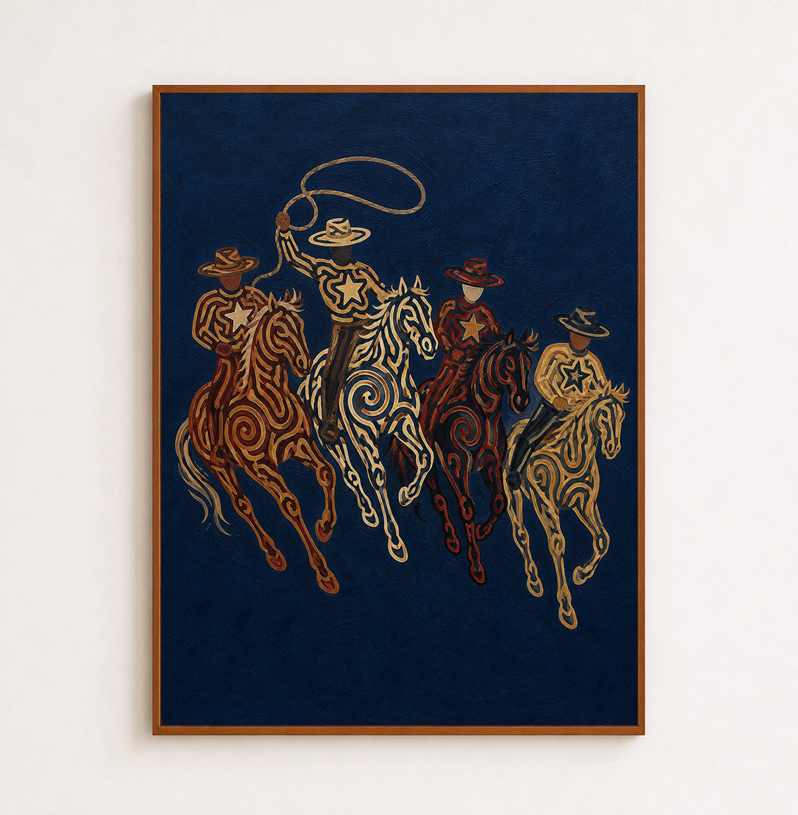 Navy Western Cowboy Oil Painting, Lasso Horse Wall Art, Southwestern Rodeo Hand Painted Decor